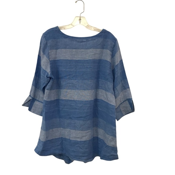Habitat Denim Blue Striped Top Tunic Womens L Lagenlook Artsy Linen Blend - Picture 2 of 4